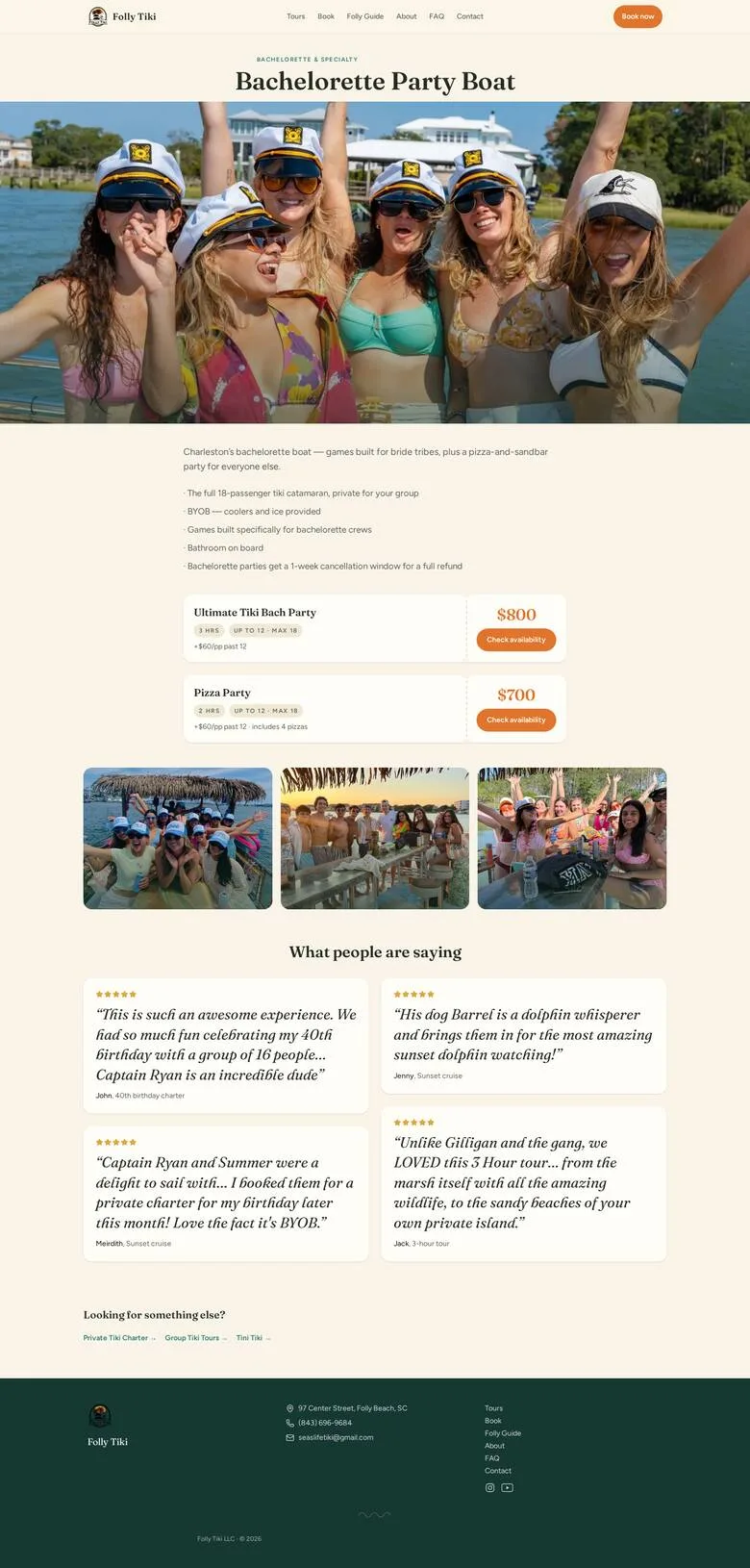 The new bachelorette page: hero photo of a bachelorette crew in captain hats, two priced packages with Check availability buttons