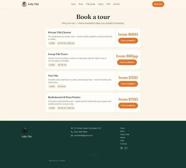 New booking page: four clear tour rows with prices and a Check availability button each