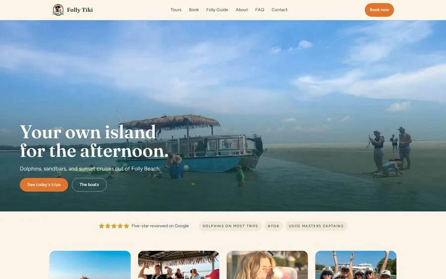 The new Folly Tiki homepage hero: the tiki catamaran anchored at a sandbar with the headline 'Your own island for the afternoon.'