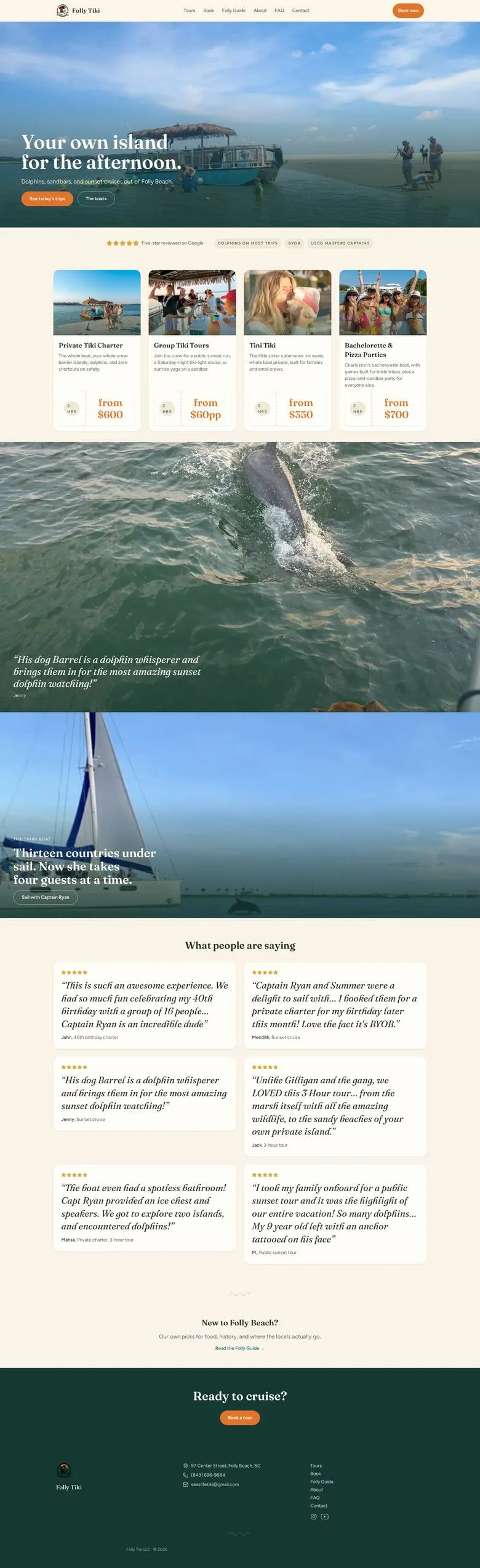 The new homepage: warm sand palette, boarding-pass tour cards, dolphin photo band, review wall