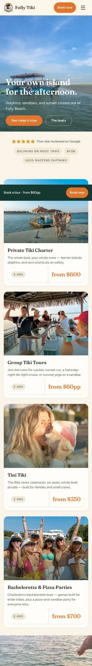 New mobile homepage: full hero photo, tour cards with prices, sticky book bar