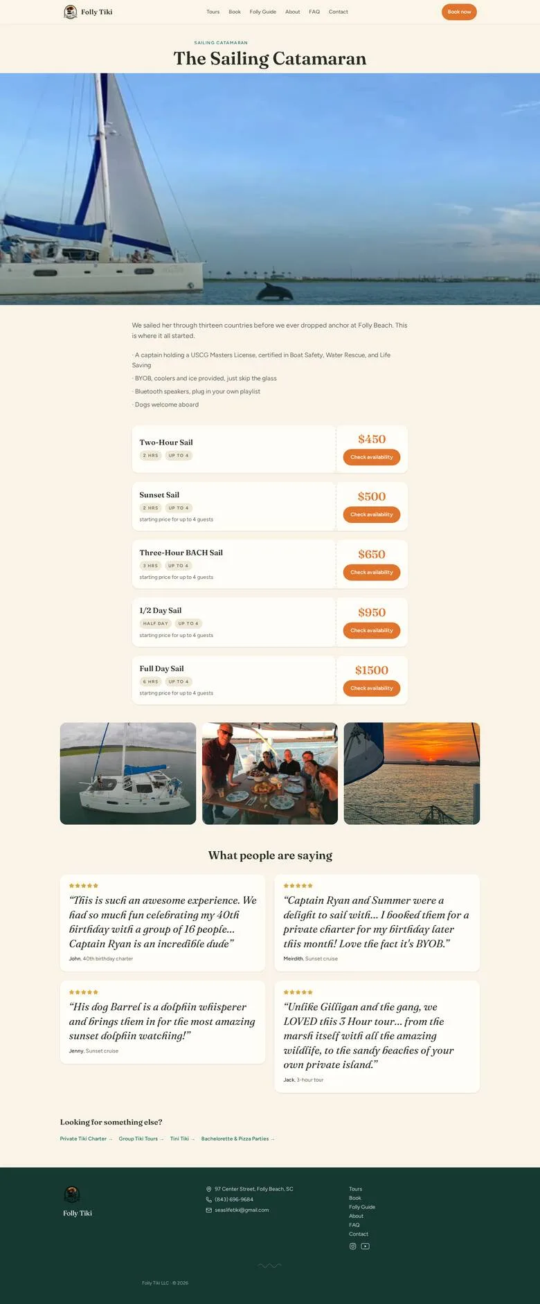 The new sailing catamaran page: the boat under sail with a dolphin surfacing nearby, five priced sail trips each with its own booking button